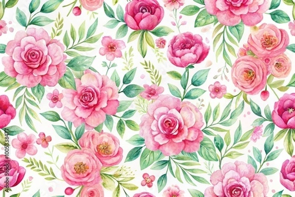 Fototapeta Pink watercolor floral background seamless pattern