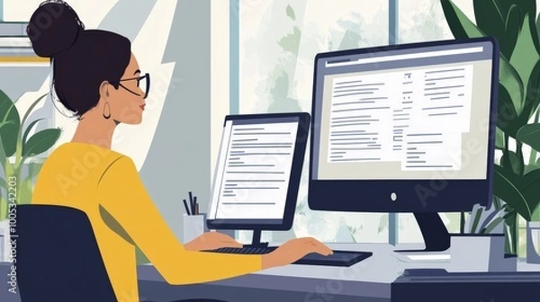 Obraz A businesswoman examining an invoice on her computer. Office scene with contemporary decor, financial paperwork, and tech equipment