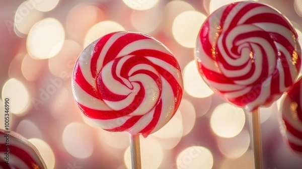 Fototapeta A close-up of red and white swirled lollipops evokes a sense of joy, their colors vividly contrasting with the softly blurred background that enhances their sweetness