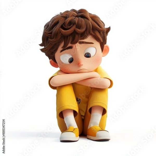 Obraz A sad cartoon boy in yellow, sitting with his arms crossed, expressing emotions of disappointment and contemplation.