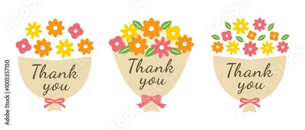 Obraz シンプルでかわいい花束のフレームイラスト。贈り物、誕生日、お祝い、記念日のベクター素材。感謝、ありがとう、Thank youメッセージ、文字、ギフトシール。フラットデザイン。