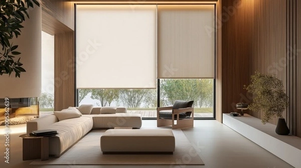 Obraz A modern interior featuring large roller blinds and automatic solar shades, complemented by wooden decor panels that add warmth to the space