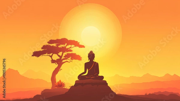 Fototapeta illustration of a Buddha silhouette with a temple and sky background