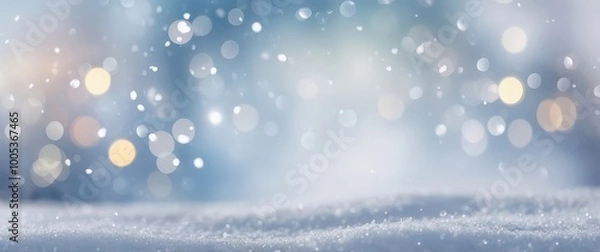 Fototapeta Christmas winter blurred background. Xmas tree with snow decorated with garland lights, holiday festive background widescreen backdrop. New Year Winter art design holiday border