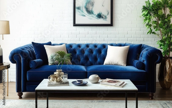Fototapeta Modern interior design with a blue velvet sofa near a white brick wall and a wooden coffee table, with green plants in pots on the floor