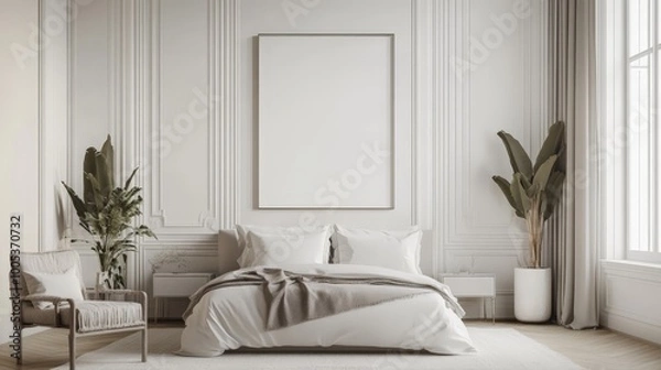 Obraz A sophisticated mockup poster frame complements the decor of a luxurious white bedroom, showcasing modern elegance and a tranquil ambiance