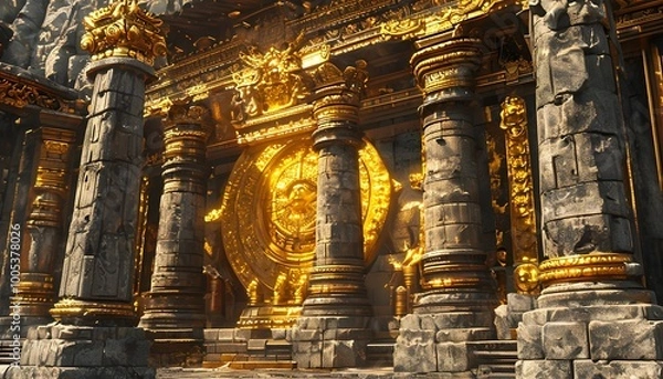 Obraz This is a sacred temple backdrop, with large stone pillars, golden relics, and ornate carvings. The stone would have a worn, ancient look, while golden details reflect the Incas’ reverence.