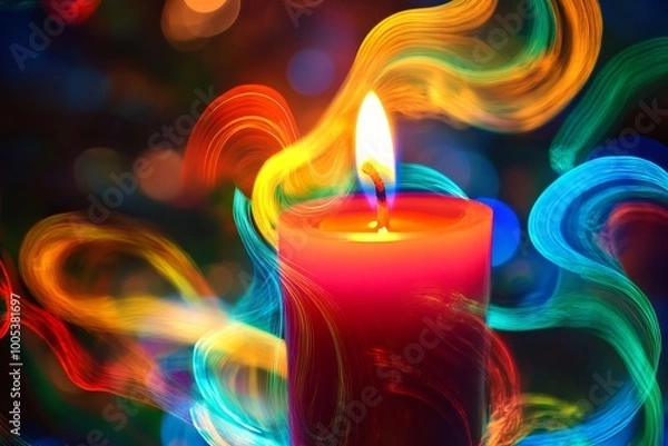 Fototapeta A glowing candle surrounded by swirling, vibrant light trails, creating a magical and mystical ambiance perfect for festive and spiritual themes.