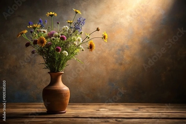 Fototapeta Rustic clay vase with wildflowers