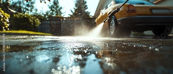 Fototapeta Detailed low angle view of power washing a concrete driveway, individuals using a pressure washer with dynamic water spray, hard ground surface, cinematic shot