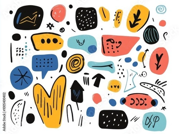 Fototapeta 2408 106.A playful set of hand-drawn doodles featuring funky speech bubbles, arrows, and contemporary figures. The design includes bold, curvy lines and groovy shapes, with quirky text inside the
