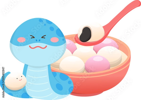 Obraz Snake character or cartoon character with glutinous rice balls, Chinese New Year or Lantern Festival, vector illustration