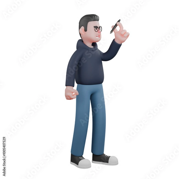 Fototapeta Animated Professional Programmer. A male programmer is standing while observing a game stick held in his left hand. 3D Male