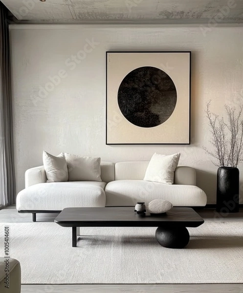 Fototapeta Minimalist interior, black framed circular artwork, white couch, low black coffee table, textured white walls, monochromatic palette, sleek modern design, soft natural lighting, clean lines, geometric