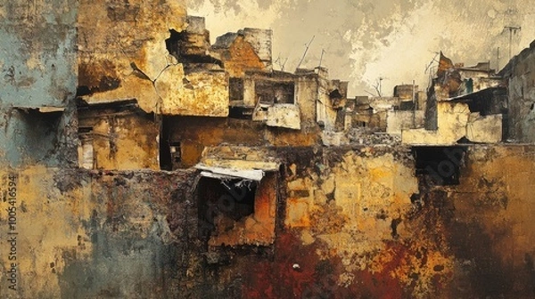 Fototapeta Abstract depiction of poverty with fractured shapes and worn textures, forming a stunning visual display on a dynamic background