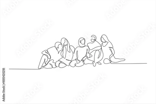 Fototapeta continuous line drawing of people sitting on the beach