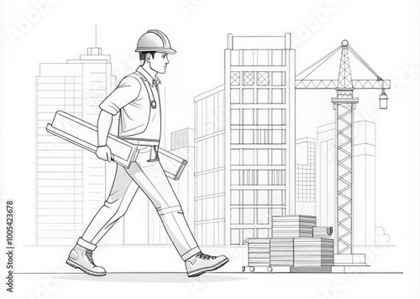 Fototapeta construction worker walks confidently with blueprints in hand, surrounded by bustling cityscape and construction site. His focus and determination reflect hard work of industry