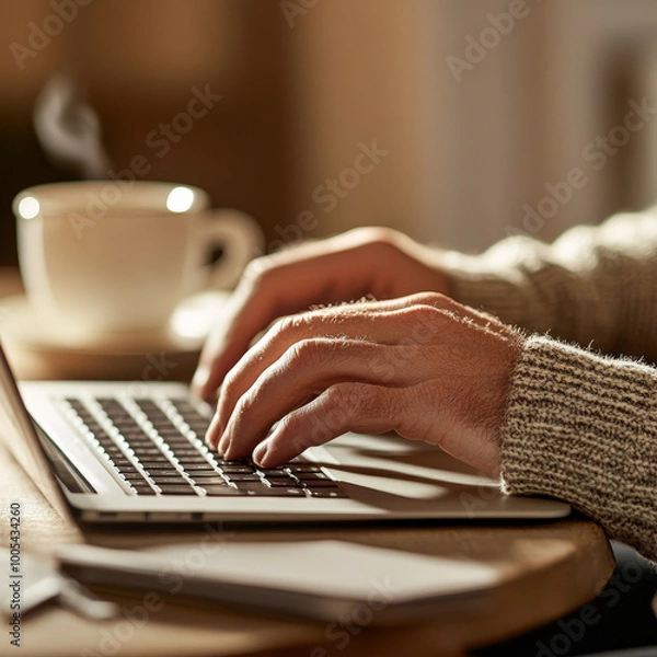 Fototapeta Closeup of hands typing on a laptop keyboard in a cozy home office with a cup of coffee and a notebook capturing the warmth and focus of remote work