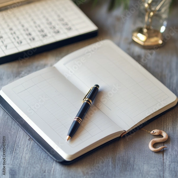 Fototapeta clean modern image of a notebook open to a blank page A pen is placed beside the notebook ready to write In the background a small delicate snake charm lies next to a calendar showing January 1st