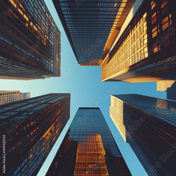 Fototapeta Looking up at high rise office building architecture against blue sky in the financial district of a modern metropolis, business and finance concept.