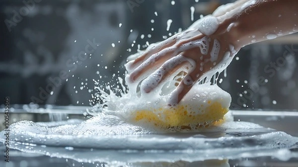 Fototapeta Washing a ceramic surface with a sponge and water and heat