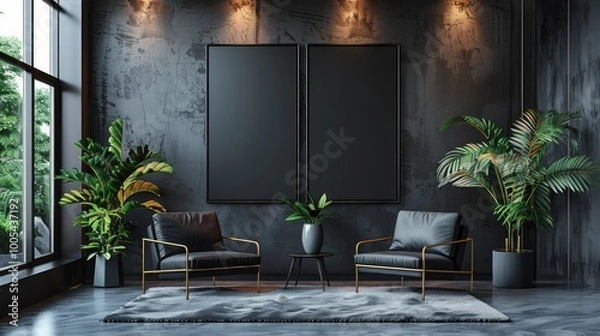 Fototapeta Dark chill interior with two armchairs and minimalist art decoration, carpet on grey concrete floor. Relax place with mockup canvas poster. 3D rendering 
