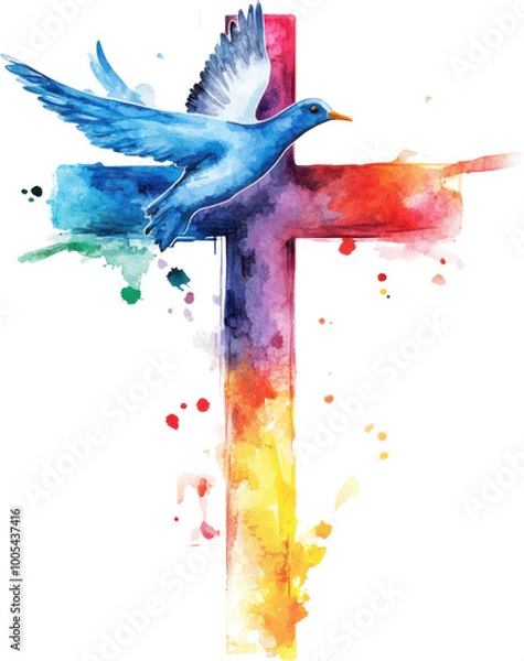 Fototapeta A colorful cross with a blue bird flying over it. The bird is positioned above the cross, with its wings spread out. Concept of freedom and peace, as the bird soars above the cross