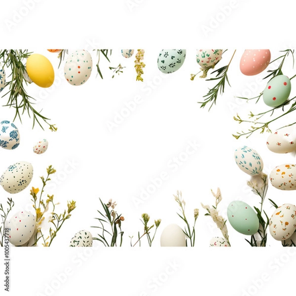Fototapeta A white background with a bunch of colorful eggs scattered around it. The eggs are of different sizes and colors, and they are surrounded by flowers. Concept of springtime and new beginnings