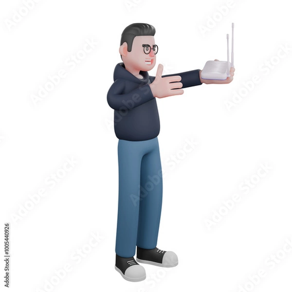 Fototapeta Tech Professional Male. A male programmer stands holding a wifi router in his left hand and his right hand in front of his chest. 3D Programmer Cartoon