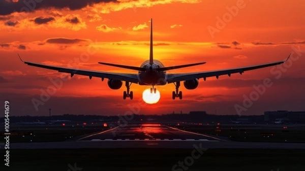 Fototapeta Airplane landing at sunset, sky filled with vibrant hues, silhouette effect.