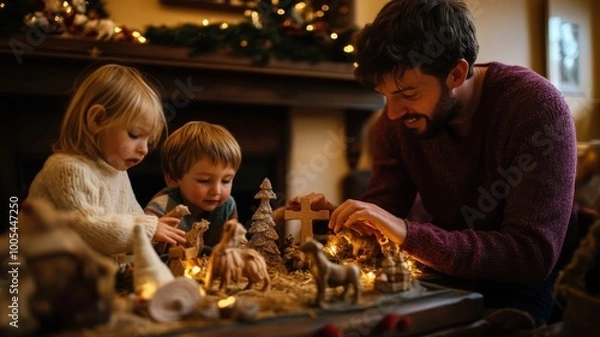 Fototapeta Father and Children Setting Up a Nativity Scene