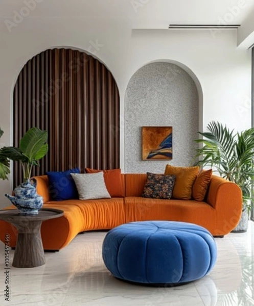 Obraz Modern minimalist living room, curved orange and blue modular sofa, round blue ottoman, white arched wall, wooden slatted partition, tropical plant, small side table, bright colors, clean lines, archi