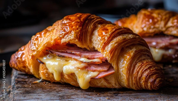 Fototapeta A delicious croissant filled with ham and melted cheese, showcasing a tempting blend of flavors and textures.