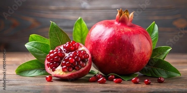 Fototapeta Juicy red pomegranate seeds and a whole fruit with green leaves on a rustic wooden background