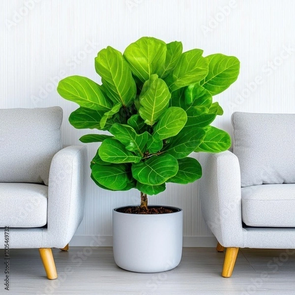 Fototapeta A photostock images of a cozy living room with warm lighting, soft-toned furniture, and indoor plants as decoration