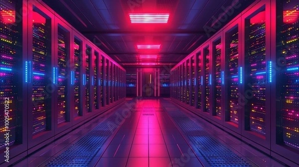 Fototapeta Digital money bitcoin, mining server farm room, video card, data processing vector illustration.