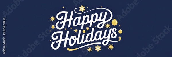 Fototapeta Happy holidays white lettering with golden stars and baubles on blue christmas background banner or header