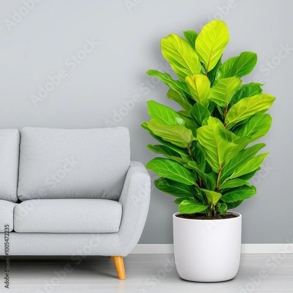 Fototapeta A photostock images of a modern living room with a gray sofa, white walls, and a large indoor plant for decoration
