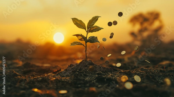 Fototapeta A simple but powerful image of a young plant growing into a tree, with coins falling like leaves. v3