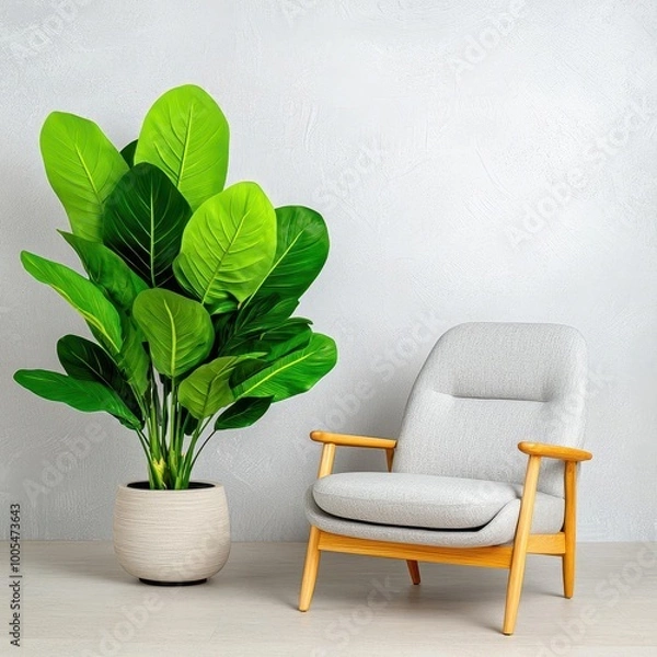 Fototapeta A photostock images of a stylish living room with light wood furniture, neutral tones, and a large indoor plant