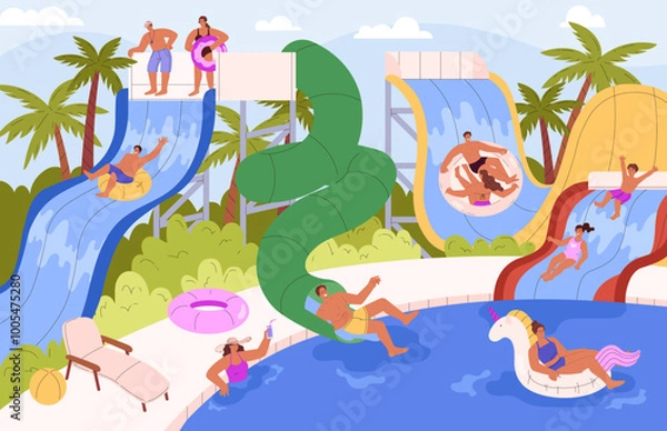 Fototapeta Happy people in water park, enjoy aquapark vector flat illustration, sliding down a water slide pipes in swimming pool
