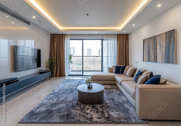 Fototapeta Modern living room in Dubai with large windows and sea view. A sofa and coffee table are in the center of the photo, showcasing a minimalistic interior design style. Created with Ai