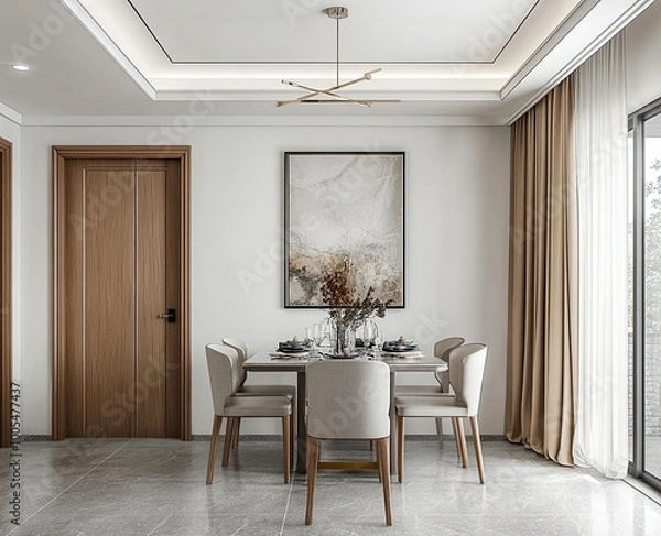 Fototapeta Modern Chinese-style dining room with white walls, light gray floors, and a wooden door. Curtains are on the right side of the wall, and a large painting hangs above the table. Created with Ai