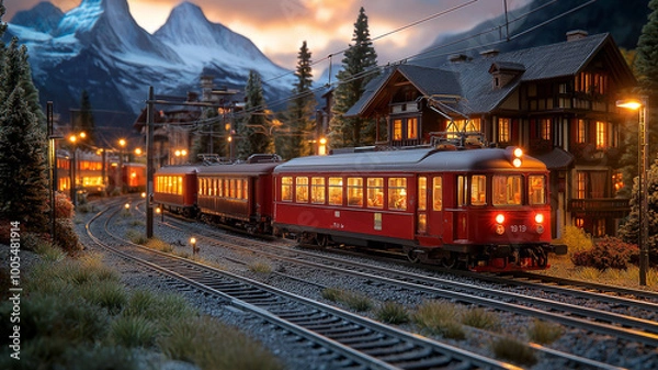 Fototapeta A charming red train travels through scenic mountain village at dusk, creating warm atmosphere