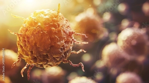 Fototapeta Close-up of decaying single cell with visible disintegration, contrasting with surrounding healthy cells, highlighting cellular biology concepts of life and death.