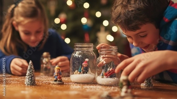 Fototapeta Children Creating DIY Snow Globes with Miniature Figures