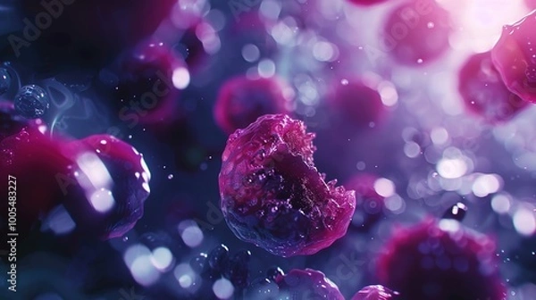 Fototapeta Close-up of decaying single cell with visible disintegration, contrasting with surrounding healthy cells, highlighting cellular biology concepts of life and death.