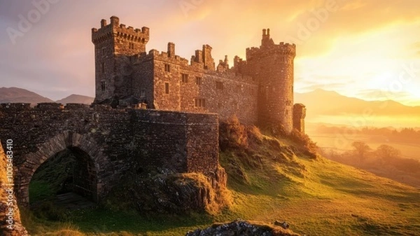 Fototapeta Majestic castle at sunrise, surrounded by lush greenery and rolling hills, capturing the essence of medieval architecture and nature.