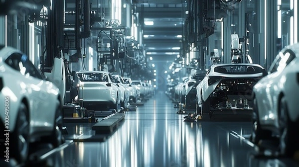 Fototapeta high-tech automotive manufacturing plant, with cars being assembled by both humans and robots, the gleaming production line reflecting the precision and scale of modern industry