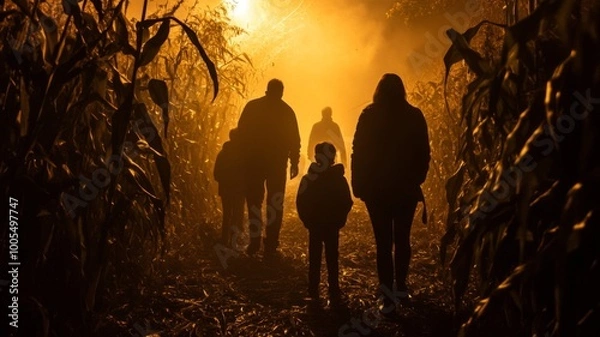 Fototapeta Silhouetted figures walking through a cornfield at night.
